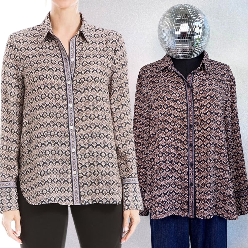 Max Studio Petite Geometric Print Button Up Shirt, Women's XLP, Morocco Mosaic